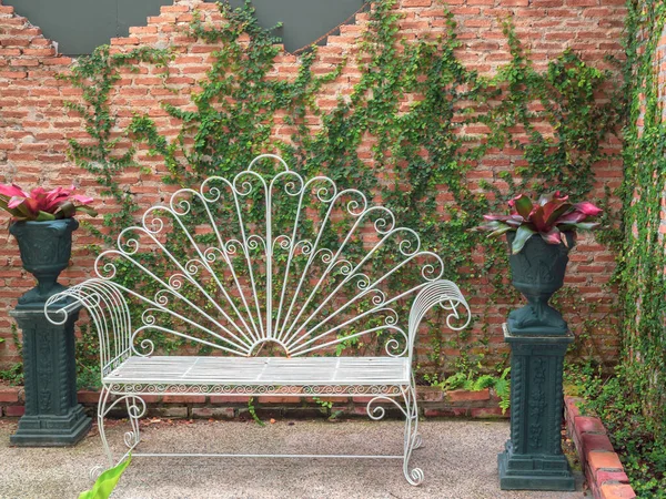 Vintage white wrought iron patio bench on brick wall with green ivy background, Indoor garden decoration design.