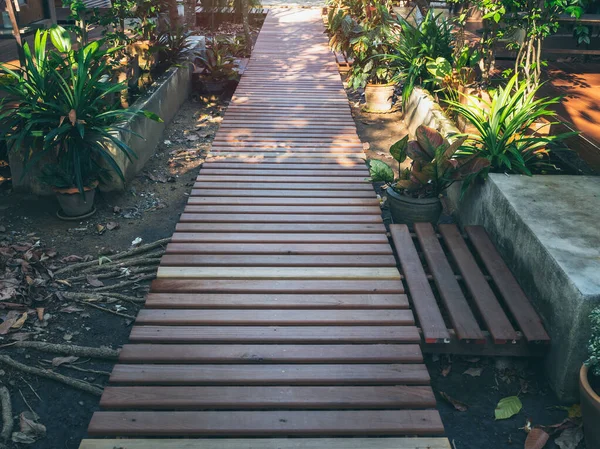 朝陽の光が差し込む家の中の緑の庭の間の木板歩道 — ストック写真