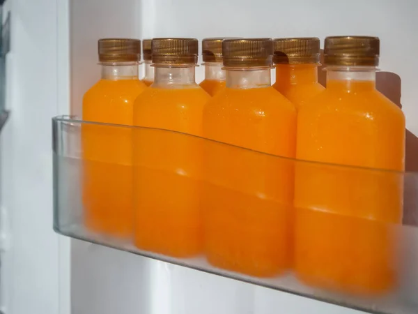 Close Orange Juice Iced Cold Bottles Shelf Refrigerator Square Shape — Stock Photo, Image