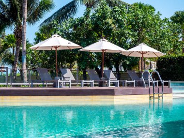 Yüzme havuzu. Güneş yatakları, plaj şemsiyeleri ve dışarıdaki yüzme havuzunda lüks oteldeki hindistan cevizi palmiyelerinin yanında merdiven..