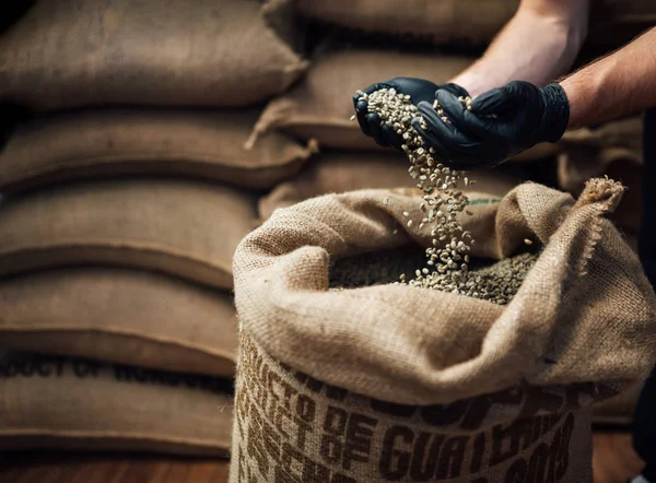 stock image raw coffee pouring from a handful in a bag, against background o