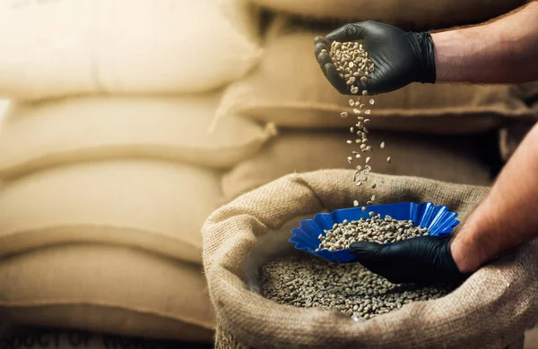 Side view of hand pouring coffee from a burlap bag into a bowl f — Stock Photo, Image