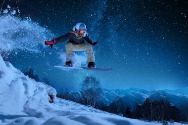 night skating girl is jumping with snowboard from the hill under the starry sky and moonlight clipart