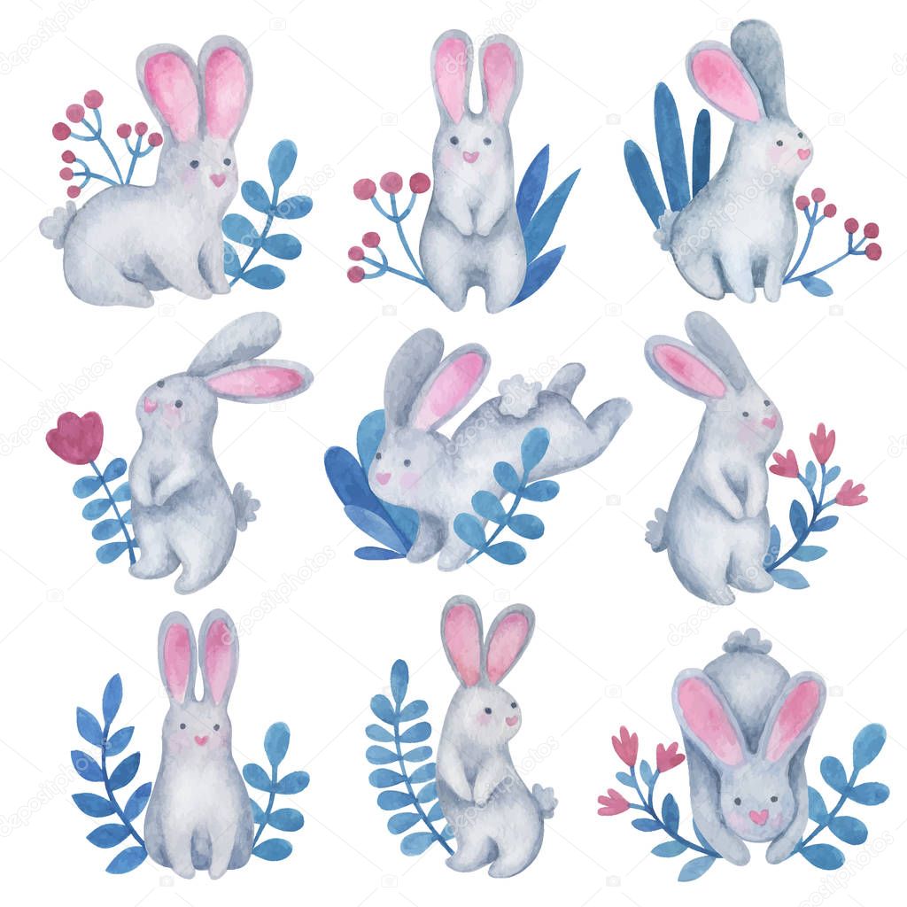  Lovely bunnies. Watercolor illustration. Vector