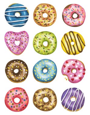 Bir poster ile parlak donuts içinde suluboya boyalı. Vektör çizim