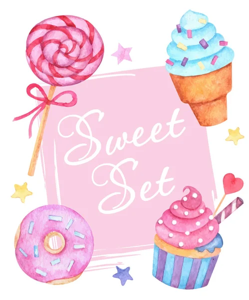 Sweet Sada Akvarel Menu — Stockový vektor