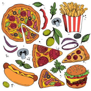 Elle çizilmiş lokanta simgeler kümesi. Pizzacı, kafe, hamburger vektör çizimler.