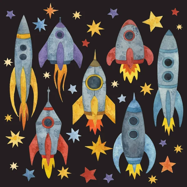 Conjunto Vectorial Cohetes Espaciales Pintados Sobre Fondo Negro — Archivo Imágenes Vectoriales