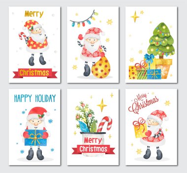Bir set Noel kartı ya da içinde şirin Noel Baba olan yeni yıl kartları. Suluboya çizimi
