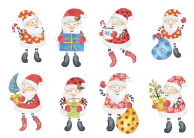 Sevimli Noel Baba maddesi koleksiyonu. Yeni yıl için suluboya illüstrasyon ya da beyaz arka planda Noel.