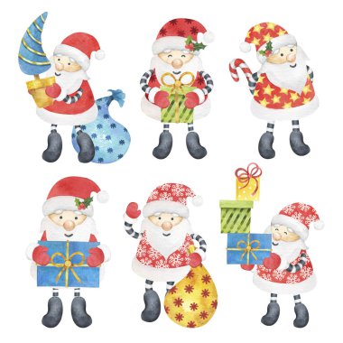 Sevimli Noel Baba maddesi koleksiyonu. Yeni yıl için suluboya illüstrasyon ya da beyaz arka planda Noel.