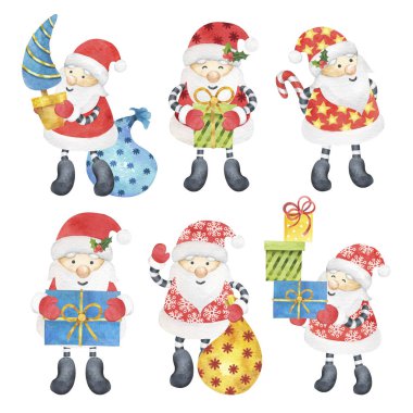 Collection of cute santa clauses. Watercolor illustration for New Year or Christmas on a white background. clipart