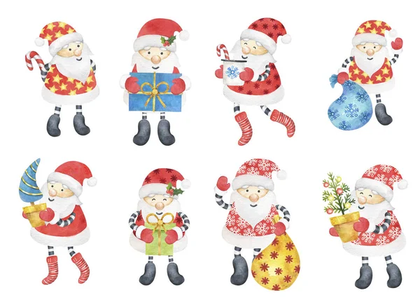 Collection of cute santa clauses. Watercolor illustration for New Year or Christmas on a white background.