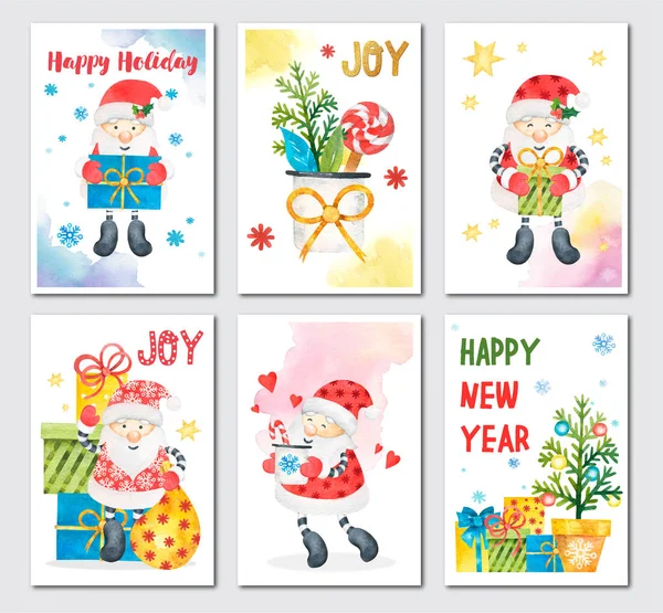 一套2020年新年贺卡和圣诞卡 有趣而可爱的圣诞老人和圣诞装饰元素 水彩画 — 图库照片