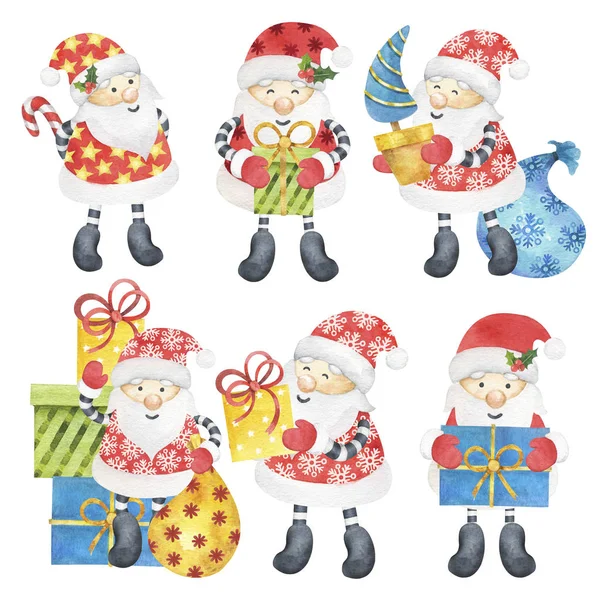 Zbiór Szczęśliwego Świętego Mikołaja Karta Sylwestrowa 2020 Ilustracja Akwarela — Zdjęcie stockowe