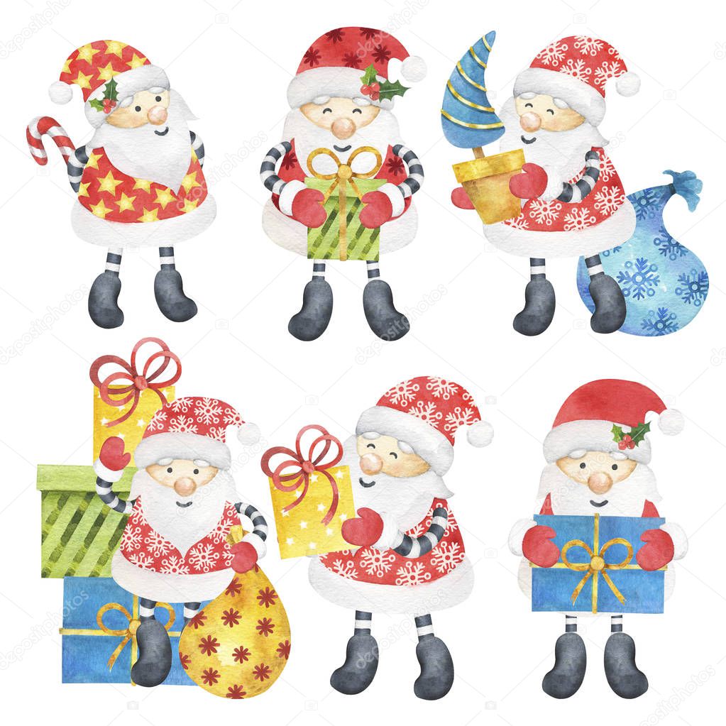 Collection of happy santa claus. New Year card 2020. Watercolor illustration