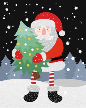 Mutlu yıllar ve mutlu Noeller. Santa 2022 ile şirin bir kart. Vektör illüstrasyonu