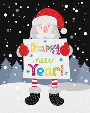 Mutlu yıllar ve mutlu Noeller. Noel Baba 'yla şirin bir kart. Vektör illüstrasyonu 2022