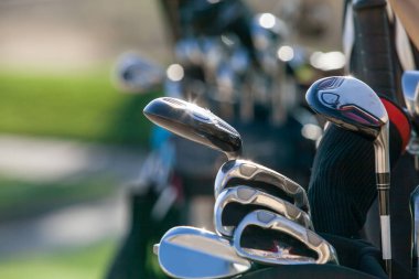 Golf isiginda parlak kulüpleri. Kulüplerin tam bir golf çantası. Golf Kulübü başkanları.