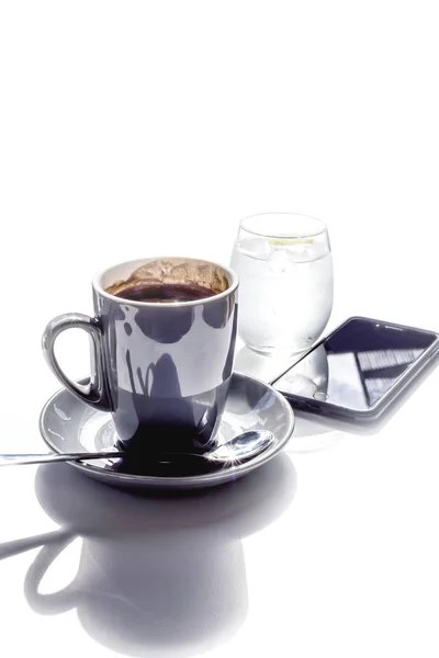 Coffee Cup Glass Water Mobile Phone Isolated White Table — Stock Photo, Image