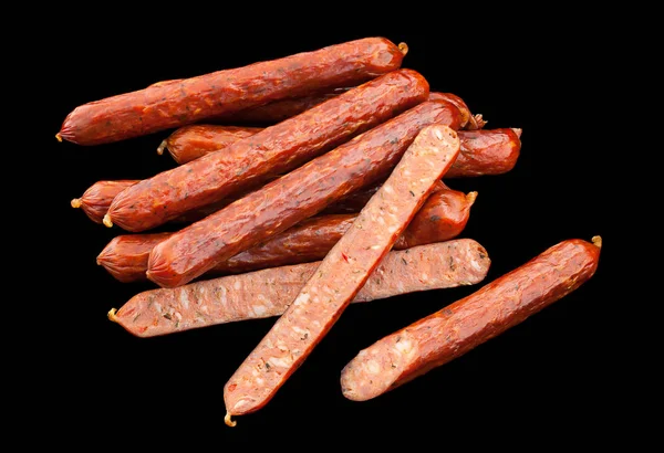 Small smoked sausage on black — Stock Photo, Image