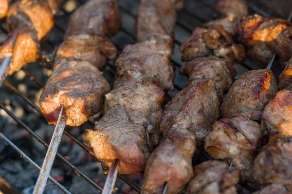 Pieces Tasty Pork Skewers Cooking Outdoor — Stock Photo, Image