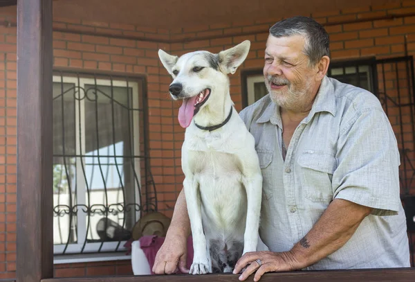 Außenporträt Des Glücklichen Weißen Mischlingshundes Mit Seinem Fröhlichen Bärtigen Obermeister — Stockfoto