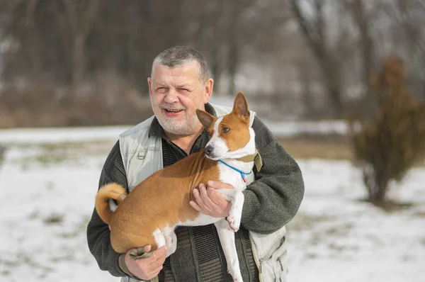 Außenporträt Eines Kaukasischen Älteren Mannes Der Seinen Lieblichen Basenji Hund — Stockfoto