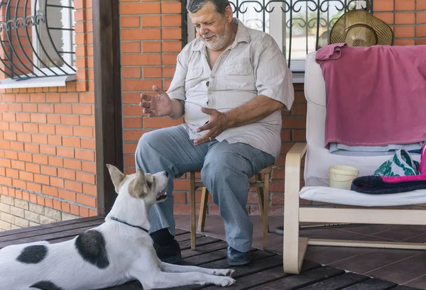 Bearded senior talks to dog sitting near his house