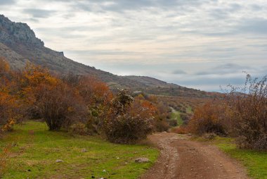 Sonbahar manzara Dağı'nda bir toprak yol ile emekliye Demerdzhi, Kırım Yarımadası