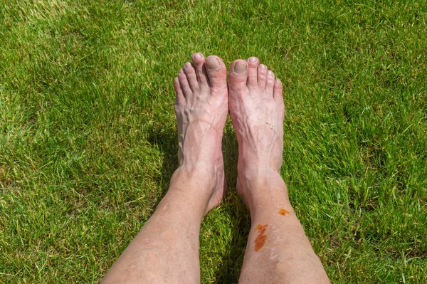 Elderly man's feet lying on a green lawn while resting after long bicycle trip