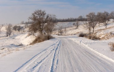 Ukrayna 'nın orta kesimindeki Novonevka köyü yakınlarındaki ülke kaygan yolu ile kış manzarası