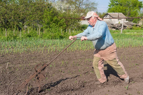 Пожилой Украинский Пожилой Крестьянин Работающий Ручным Плугом Огороде Весной Лицензионные Стоковые Фото