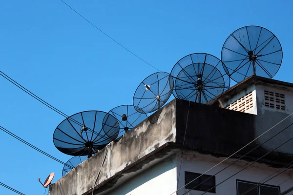 Satellite dish antennas on a rooftop