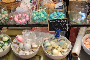 Bangkok, Thailand - December 11, 2019: Souvenir soap and bubble bath bombs at Chatuchak Weekend Market, the popular shopping place among locals and tourists.