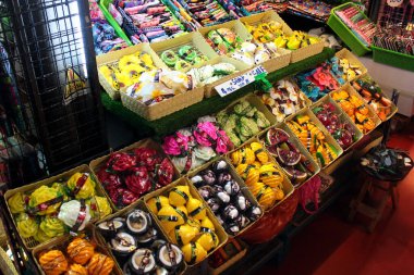 Bangkok, Thailand - December 11, 2019: Souvenir fruit and flower soap at Chatuchak Weekend Market, the popular shopping place among locals and tourists