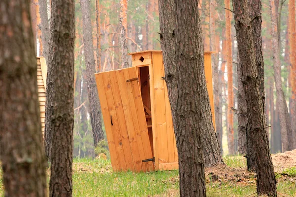 Une Toilette Extérieure Bois Avec Porte Cassée — Photo