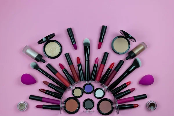 Uppsättning Kosmetika För Makeup Bestående Läppstift Läppglans Foundation Rouge Puder — Stockfoto