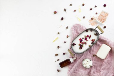 Saç, vücut ve yüz için kişisel bakım kiti. sabun fındıkları, gül yaprakları, hindistan cevizi yağı, spirulina tozu. Konsept DIY doğal eko kozmetik, maskeler, önlükler, spa. Sıfır atık, plastik yok, bilinç. kopyalama alanı. düz yat