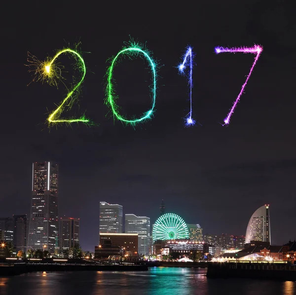 2017 r. nowy rok fajerwerki nad marina bay w Yokohama City, Japonia — Zdjęcie stockowe