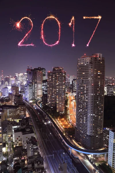 2017 szczęśliwy Nowy Rok Fajerwerki nad Tokio gród w nocy, Jap — Zdjęcie stockowe