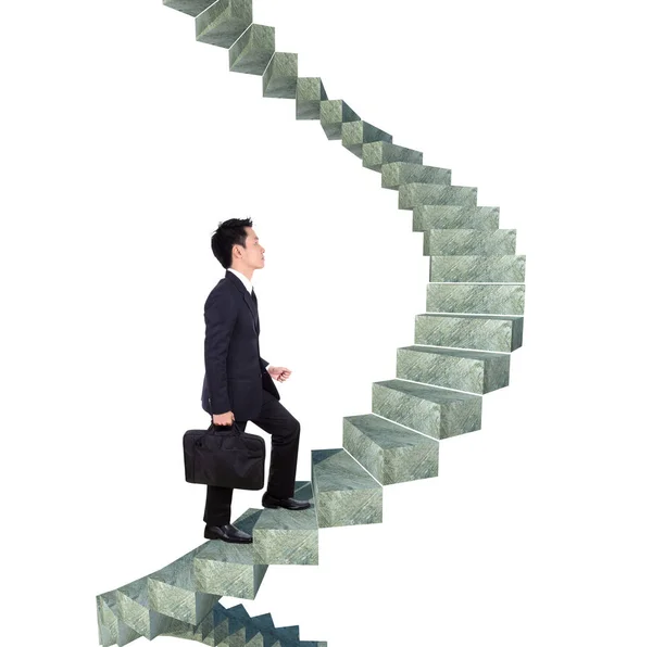 Бизнесмен поднимается наверх по изогнутой лестнице к успеху — стоковое фото