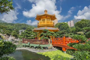 Golden teak ahşap pagoda Nan Lian Garden Hong Kong