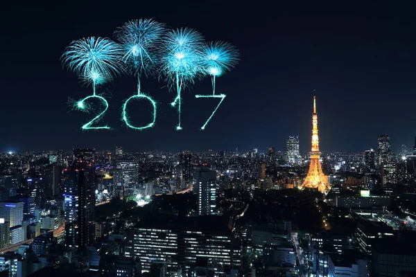 2017 Felice Anno Nuovo Fuochi d'artificio sul paesaggio urbano di Tokyo di notte, Giappone — Foto Stock