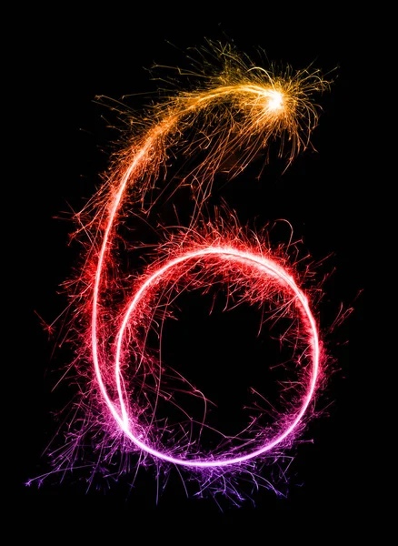 6.Digit six made of firework sparklers at night — Stock Photo, Image