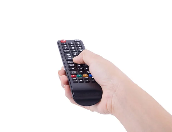 Main avec télécommande TV isolée sur blanc — Photo