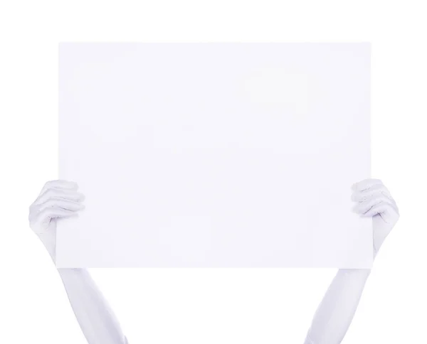 Handen met grote blanco papier teken, achtergrond voor tekst — Stockfoto