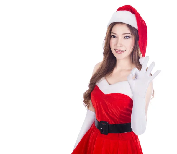 Bella donna sexy indossa vestiti Babbo Natale mostrando segno ok — Foto Stock