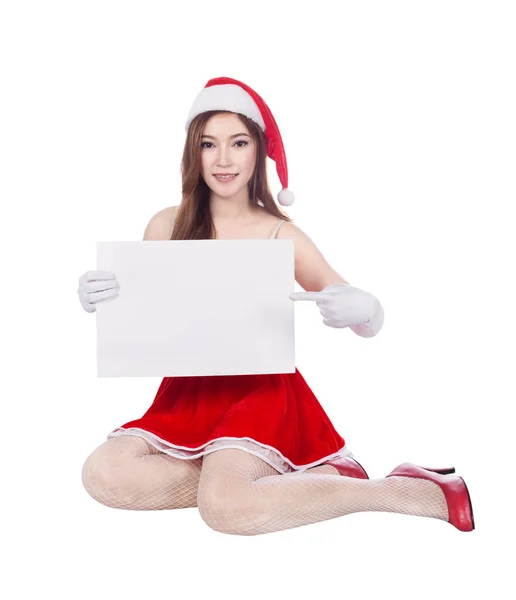 Vacker sexig kvinna bär jultomte kläder med tomma tecken — Stockfoto