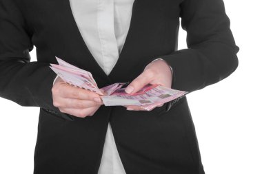 Hong Kong Doları para üzerinde beyaz izole ile takım elbiseli kadın 